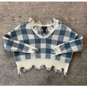 Just Polly Sweater Distressed Blue Checkered V Neck Women Size Small